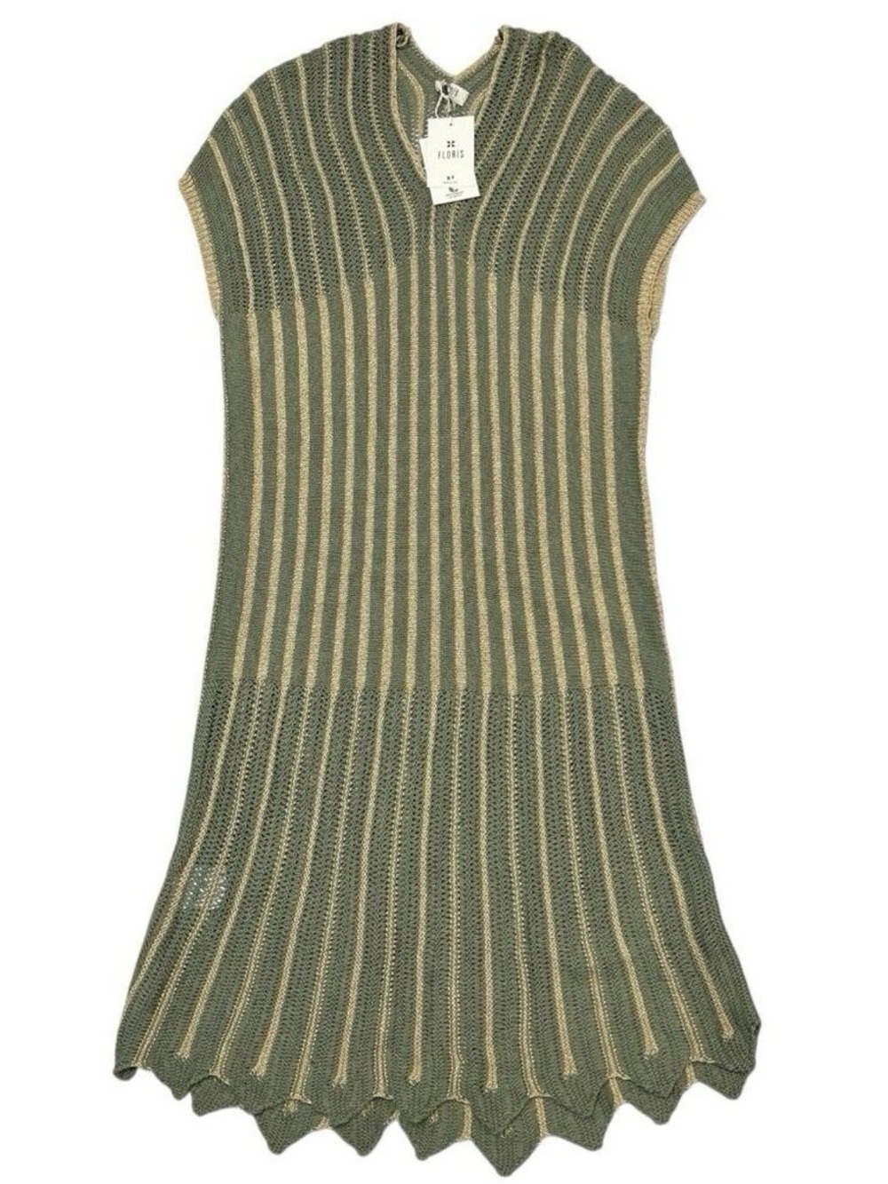FLORIS Striped Open-Knit Midi Dress in Olive & Beige